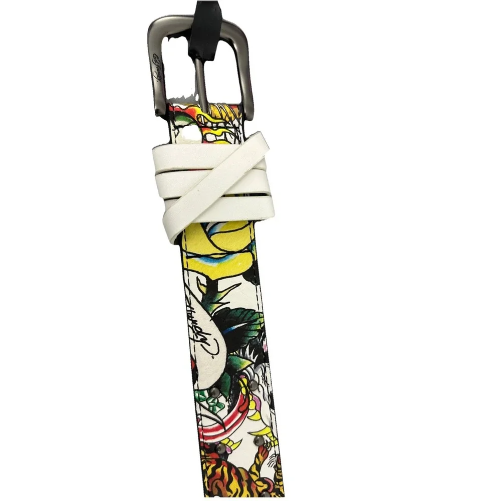 Ed Hardy Men's Skull Tiger Panther Print Belt With Hammered Rivet Studs SZ 42 NW